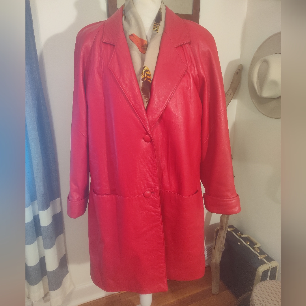 Volbrecht First Red Leather Knee Length Coat